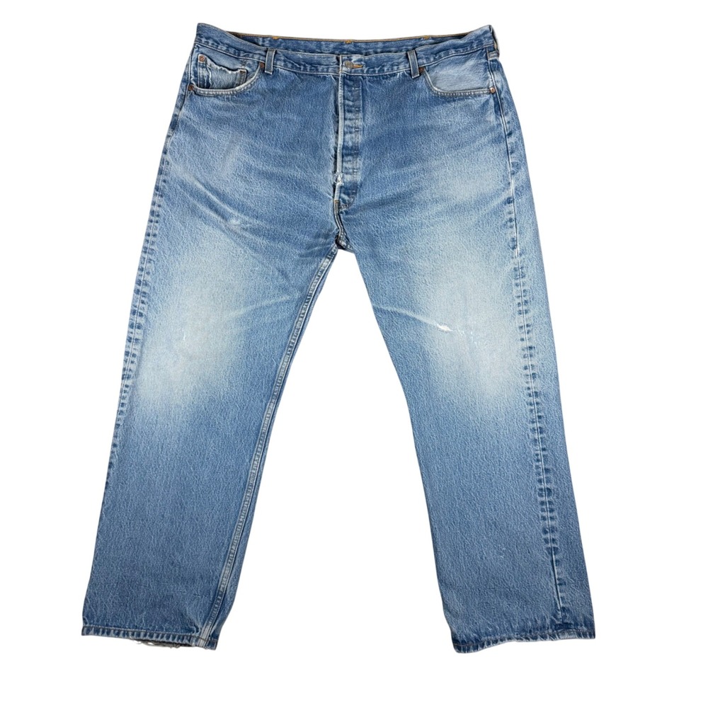 VTG Levis 501 Straight Leg Jeans Light Wash Blue Distressed Mens 40x30 USA Made